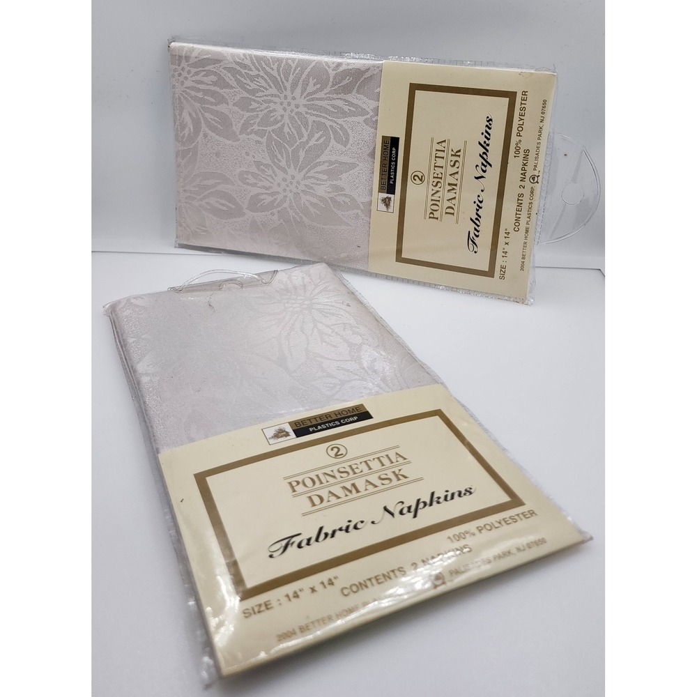 Vintage 2004 Better Home Poinsettia Damask Fabric Napkins White Cream Lot of 4 N